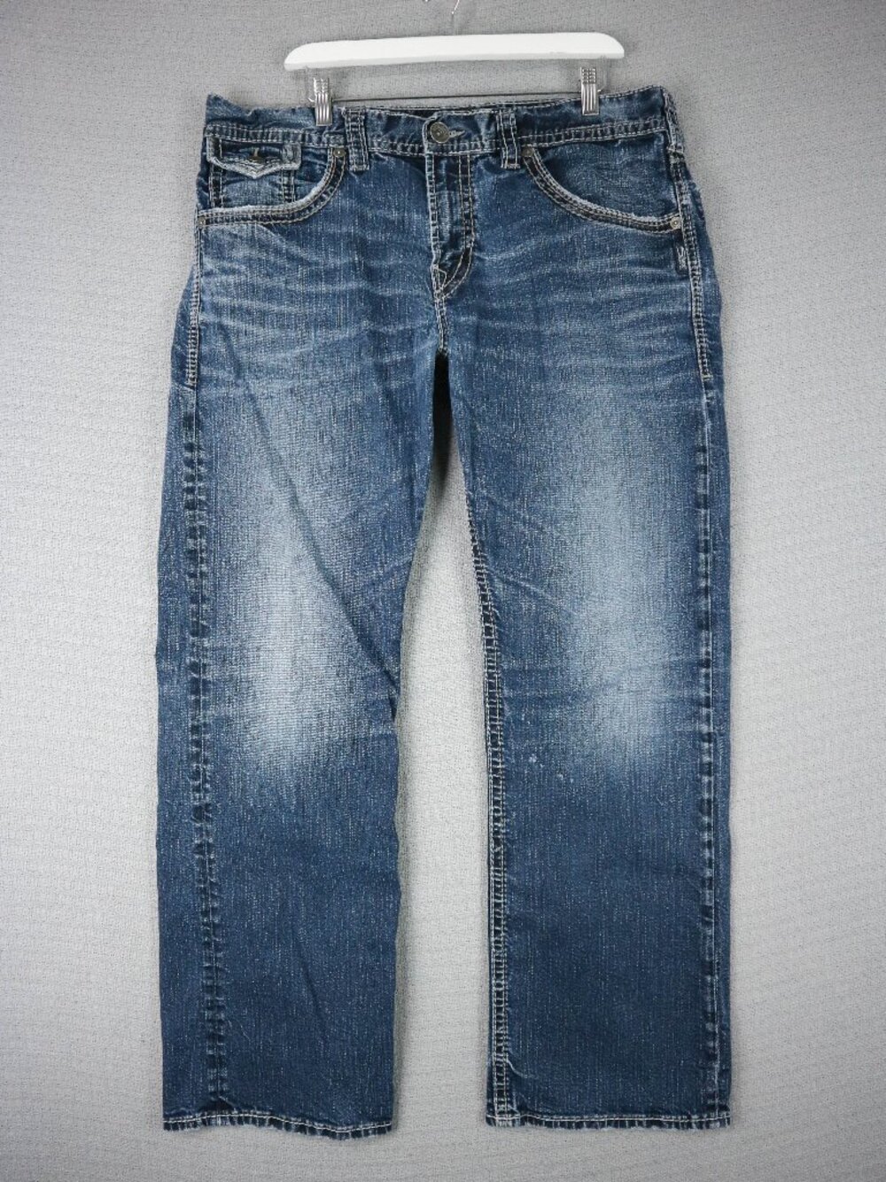 Silver Jeans Co Gordie Jeans Mens 36x32 Dark Wash Denim Whiskers Faded